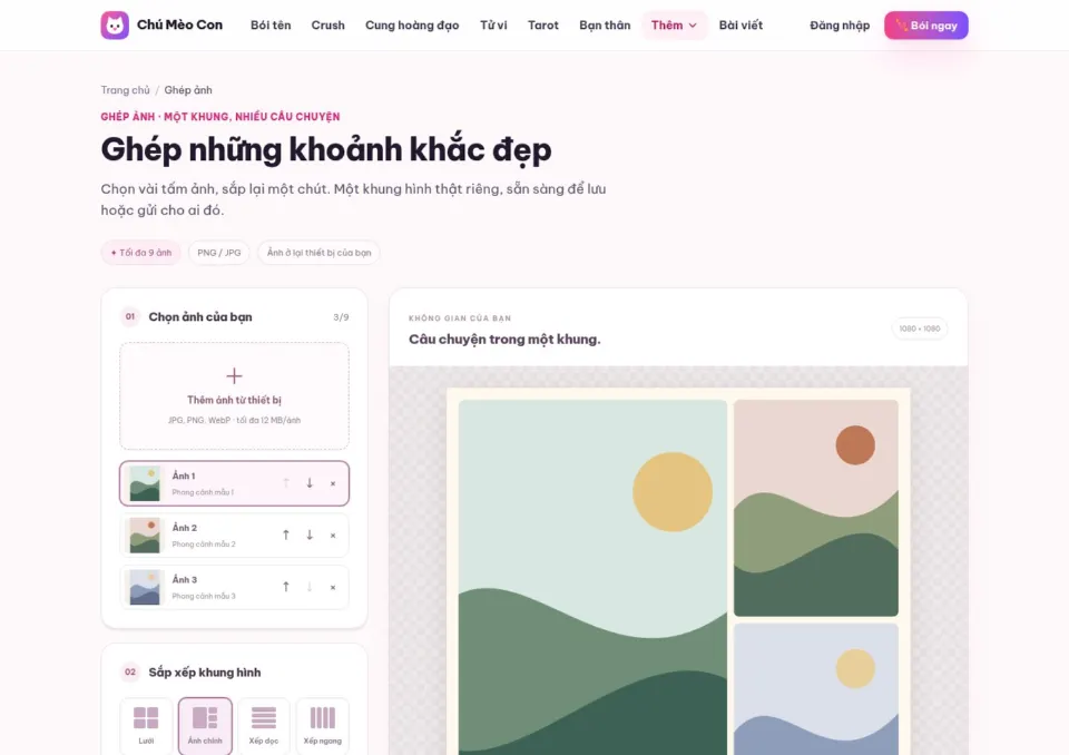 Giao diện ghép nhiều ảnh với bố cục và phần xem trước