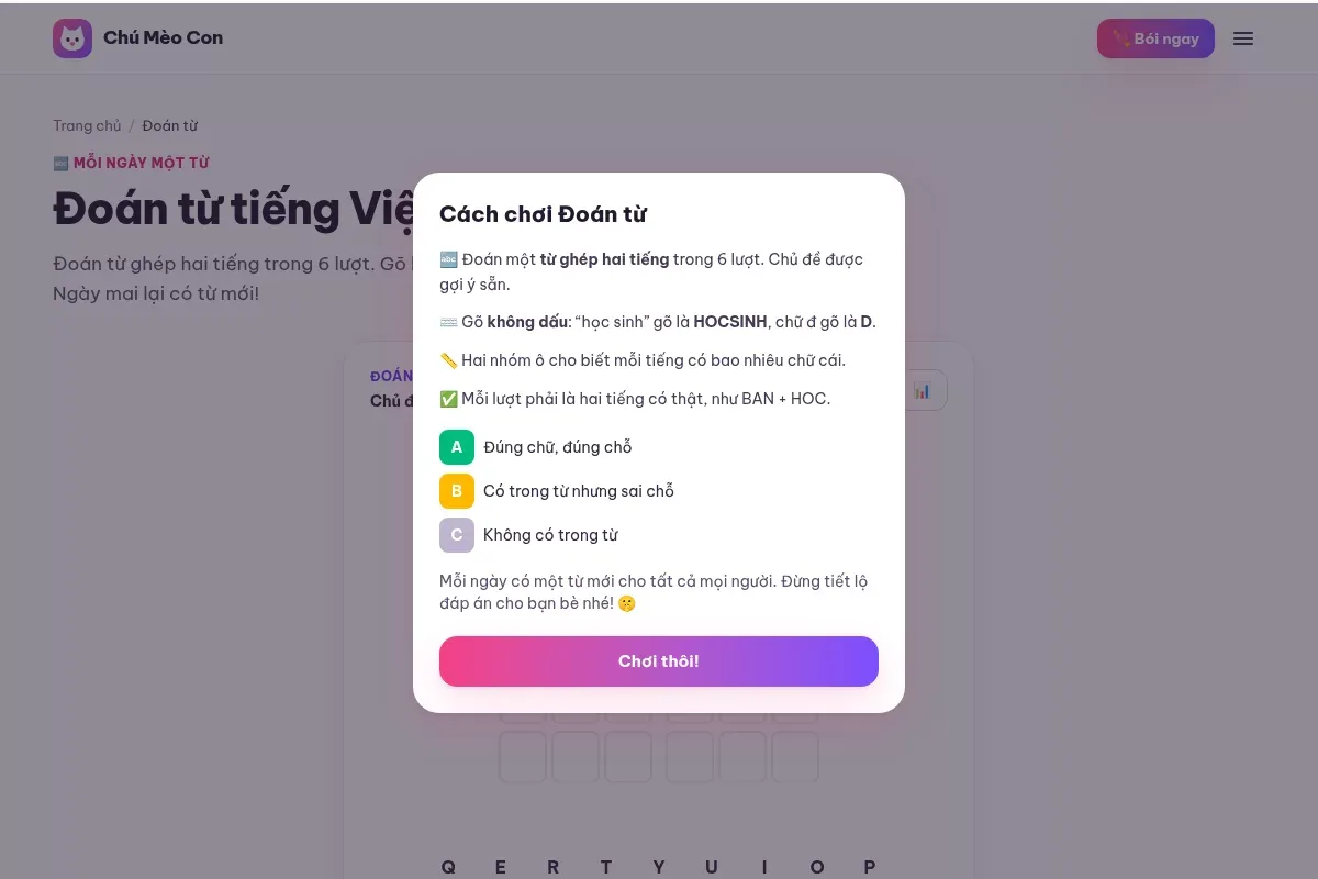Bảng Đoán từ tiếng Việt với gợi ý chủ đề, ô chữ và bàn phím trên màn hình