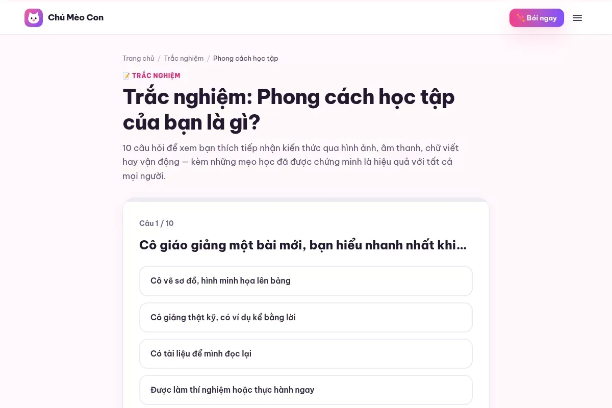 Trắc nghiệm phong cách học tập với các câu hỏi về hình ảnh, nghe, đọc viết và thực hành